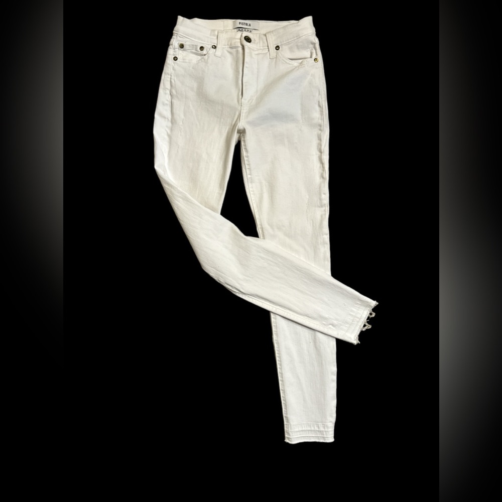 Pistola White Denim Jeans, Distressed, Stretch Denim Raw Hem, Pencil, Sz 24 EUC